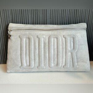 DIOR Gray Suede-like Effect Embossed Logo Cosmetic Pouch/Clutch